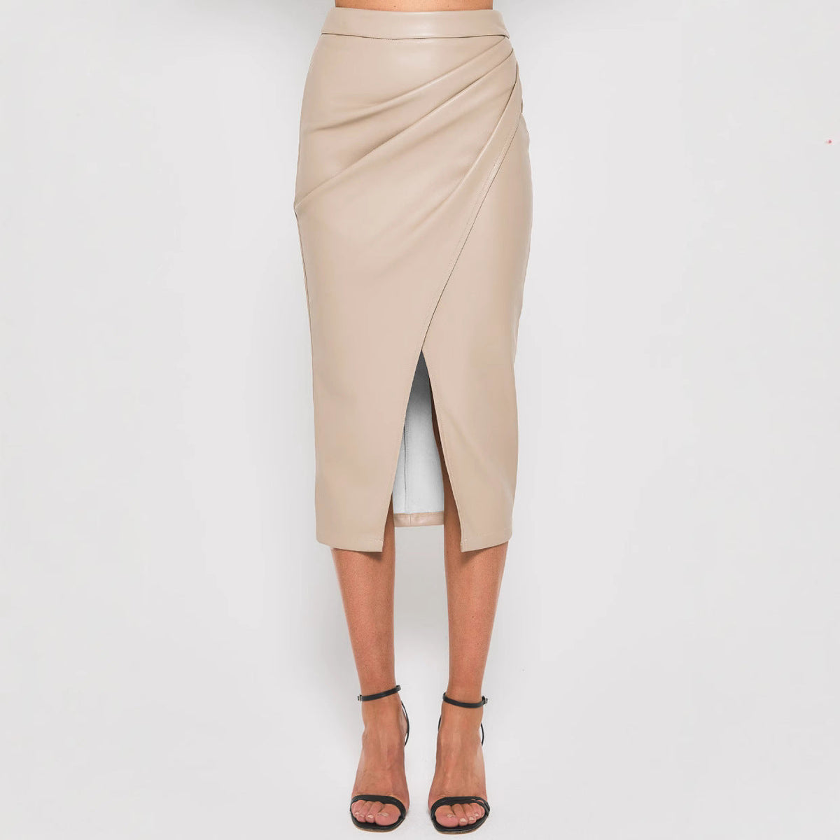 Leather Midi Skirt with Gathered Wrap Front and Split Hem