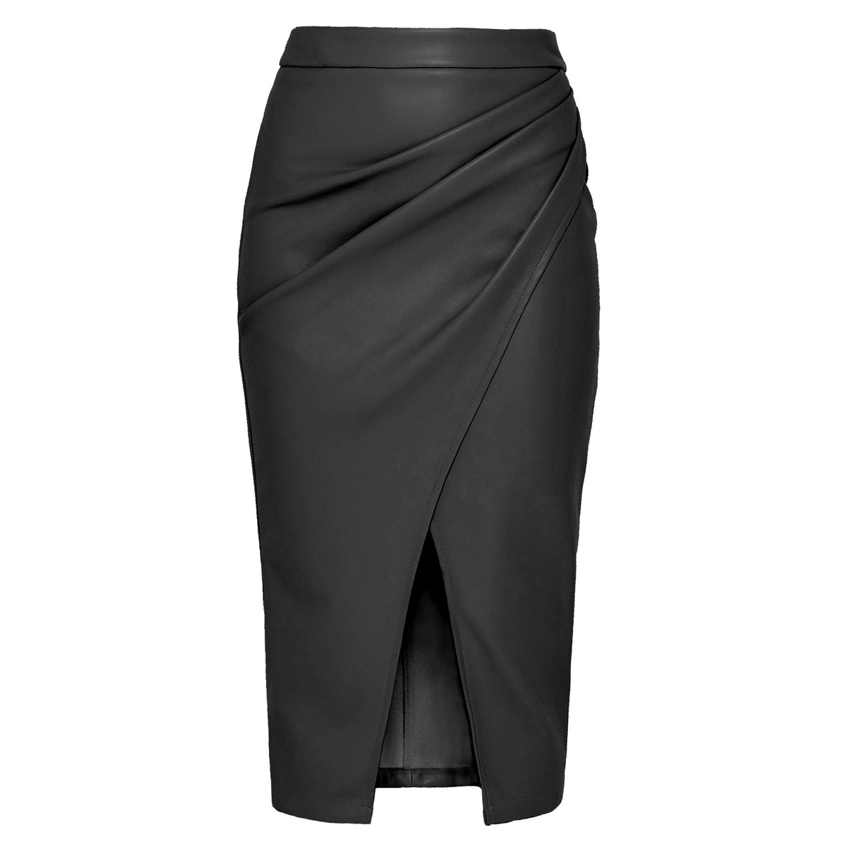 Leather Midi Skirt with Gathered Wrap Front and Split Hem