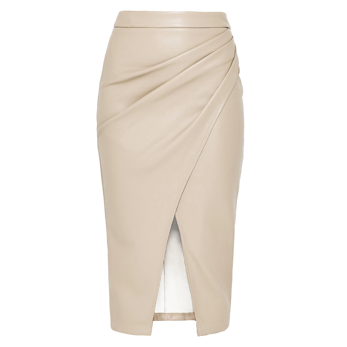 Leather Midi Skirt with Gathered Wrap Front and Split Hem