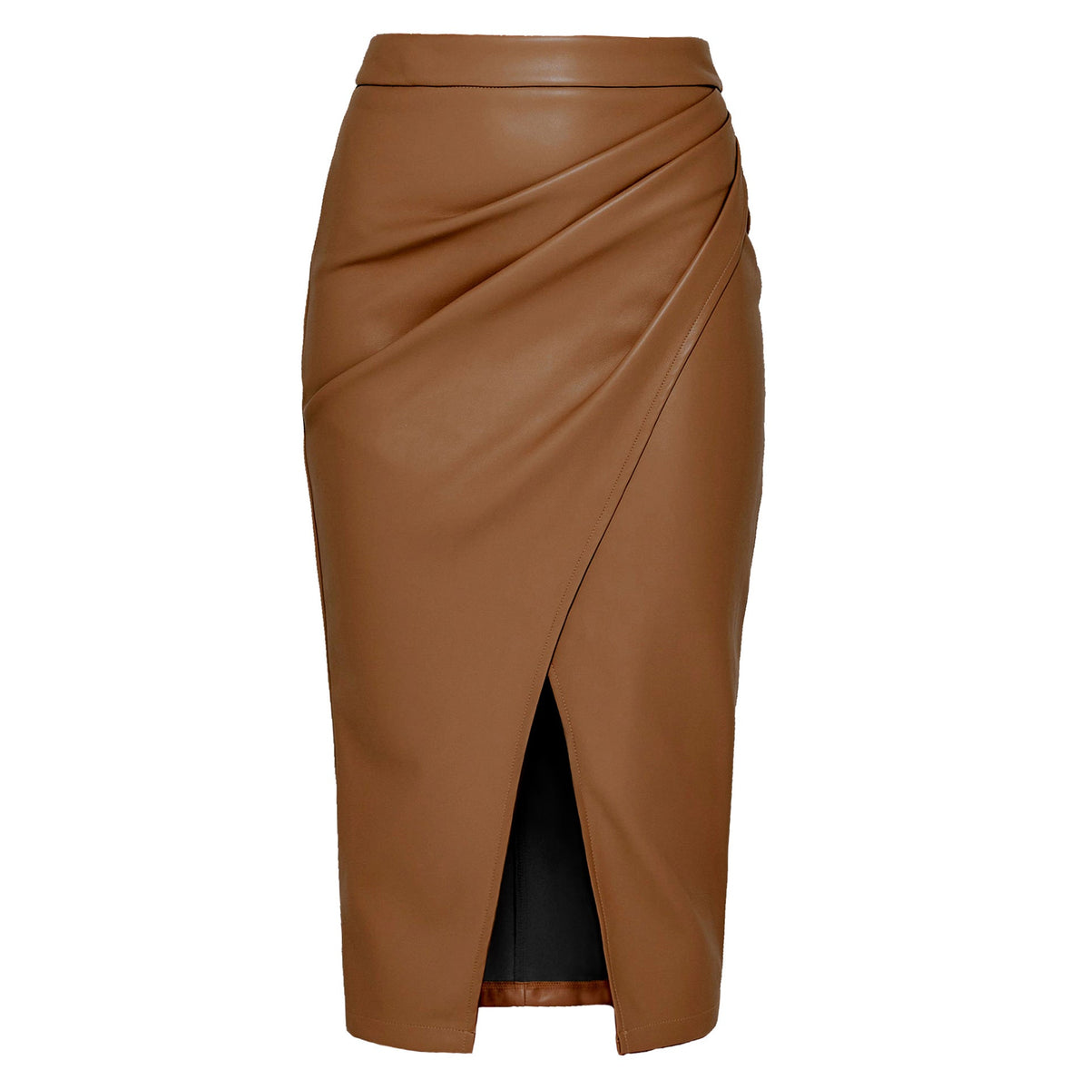 Leather Midi Skirt with Gathered Wrap Front and Split Hem