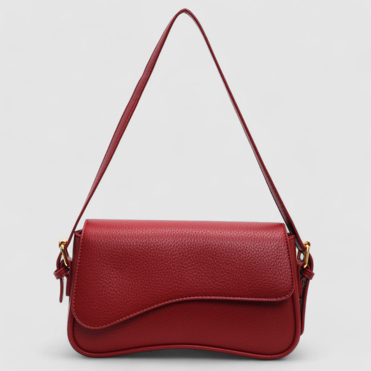 Leather Shoulder Bag with Curved Flap and Gold Hardware