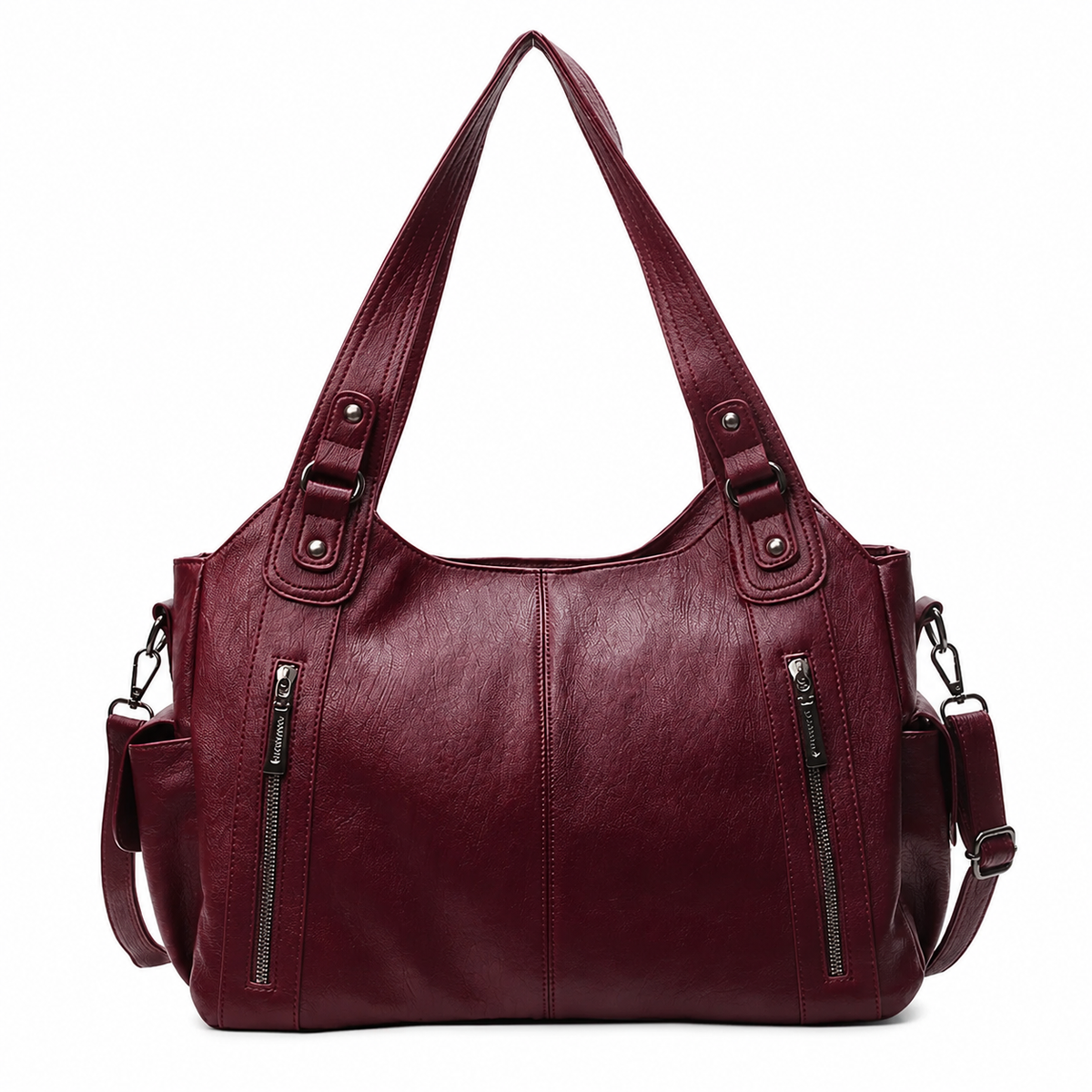 Leather Shoulder Bag with Side Zip Pockets and Stud Handles