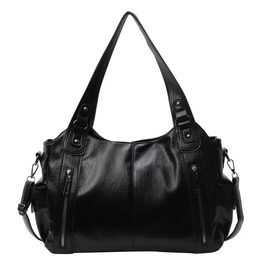 Leather Shoulder Bag with Side Zip Pockets and Stud Handles