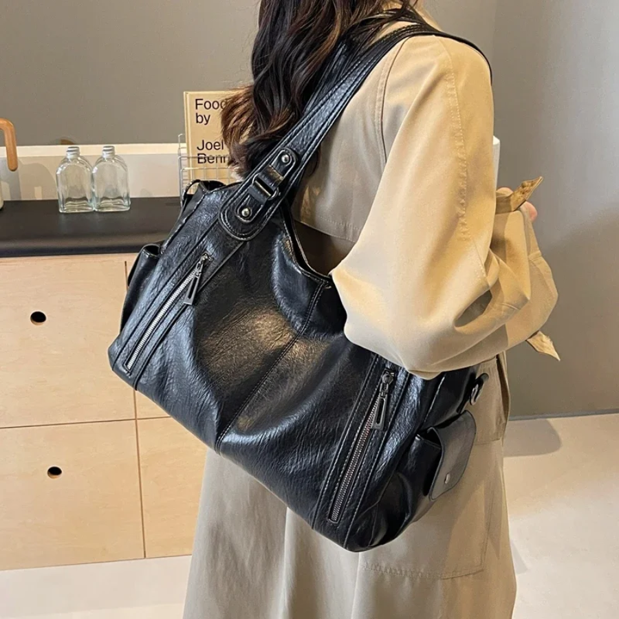 Leather Shoulder Bag with Side Zip Pockets and Stud Handles
