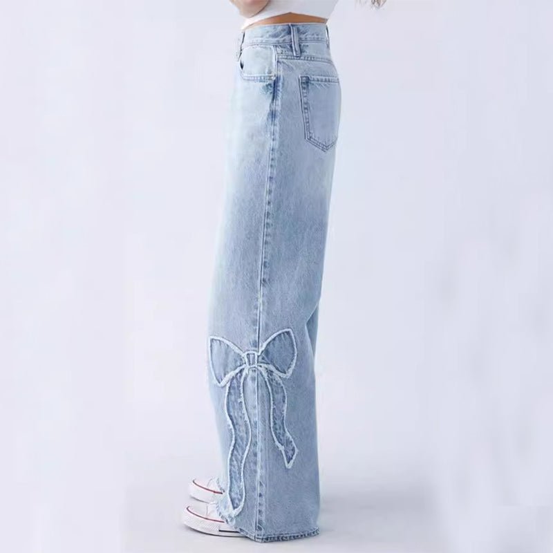 Light Wash Baggy Jeans with Bow Embroidery Detail and Wide Leg
