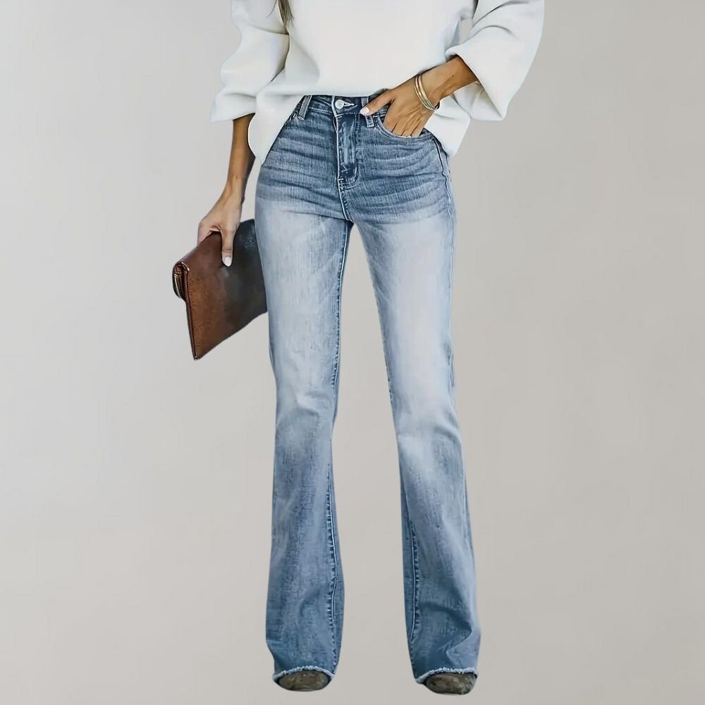 Retro High Waist Slim Flared Jeans in Light Wash Stretch Denim