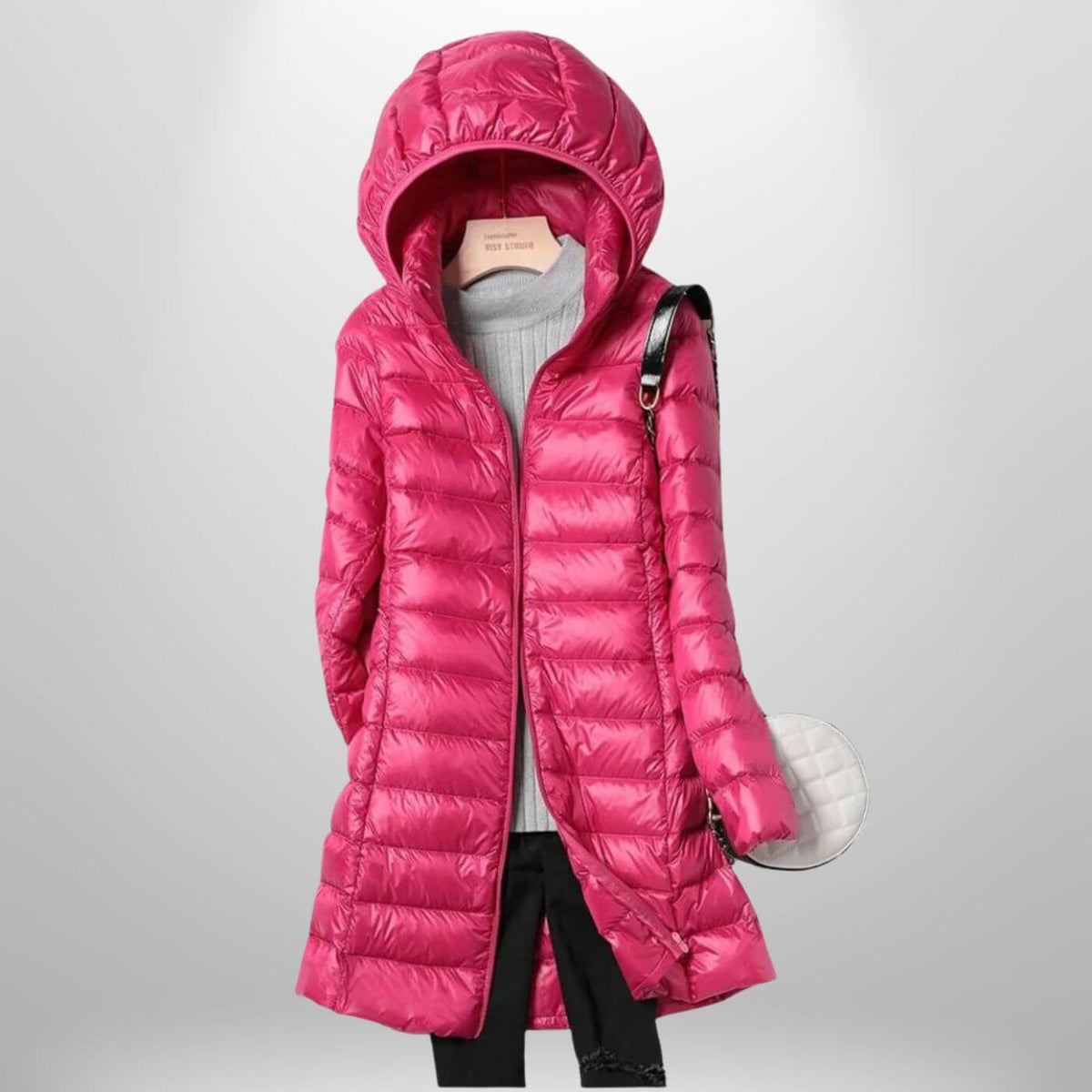 Long Lightweight Hooded Puffer Jacket with Zip Closure