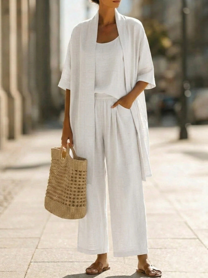 Linen 3-Piece Set with Open Cardigan, Cami Top and Wide Leg Trousers