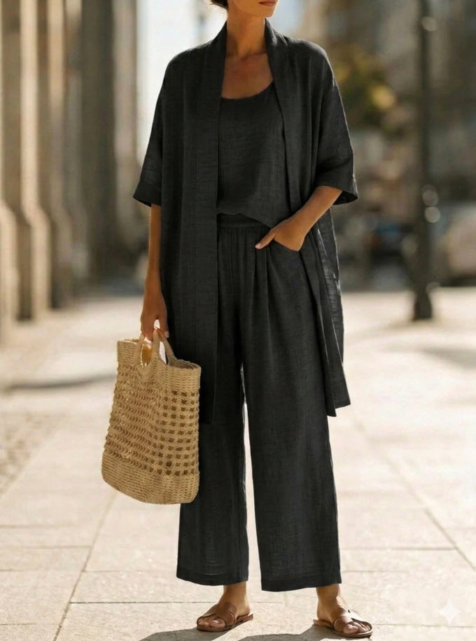 Linen 3-Piece Set with Open Cardigan, Cami Top and Wide Leg Trousers