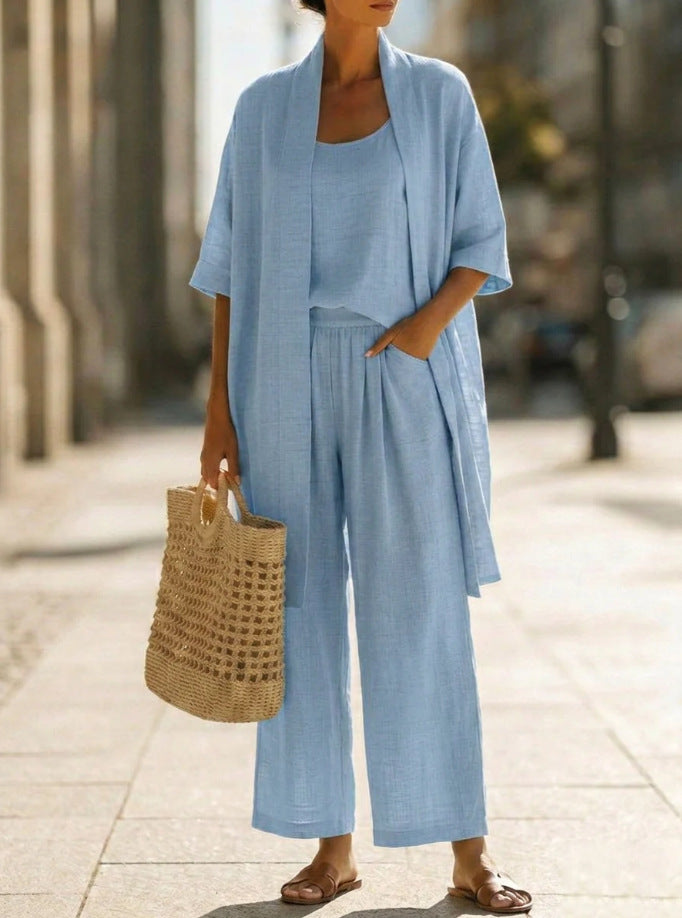 Linen 3-Piece Set with Open Cardigan, Cami Top and Wide Leg Trousers