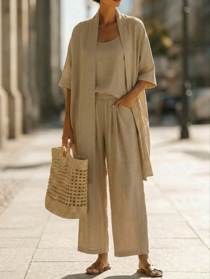 Linen 3-Piece Set with Open Cardigan, Cami Top and Wide Leg Trousers