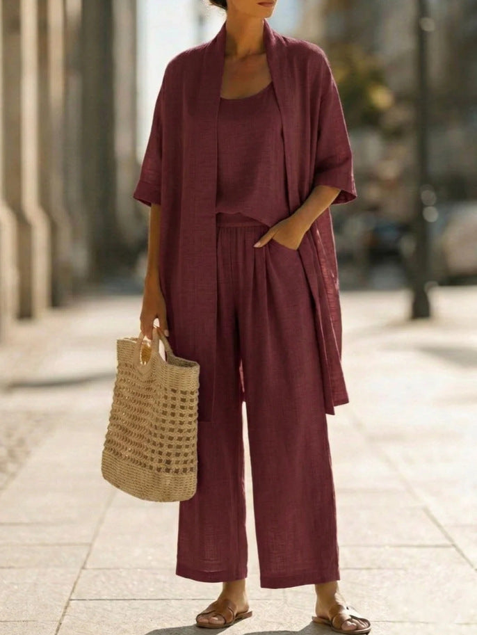 Linen 3-Piece Set with Open Cardigan, Cami Top and Wide Leg Trousers