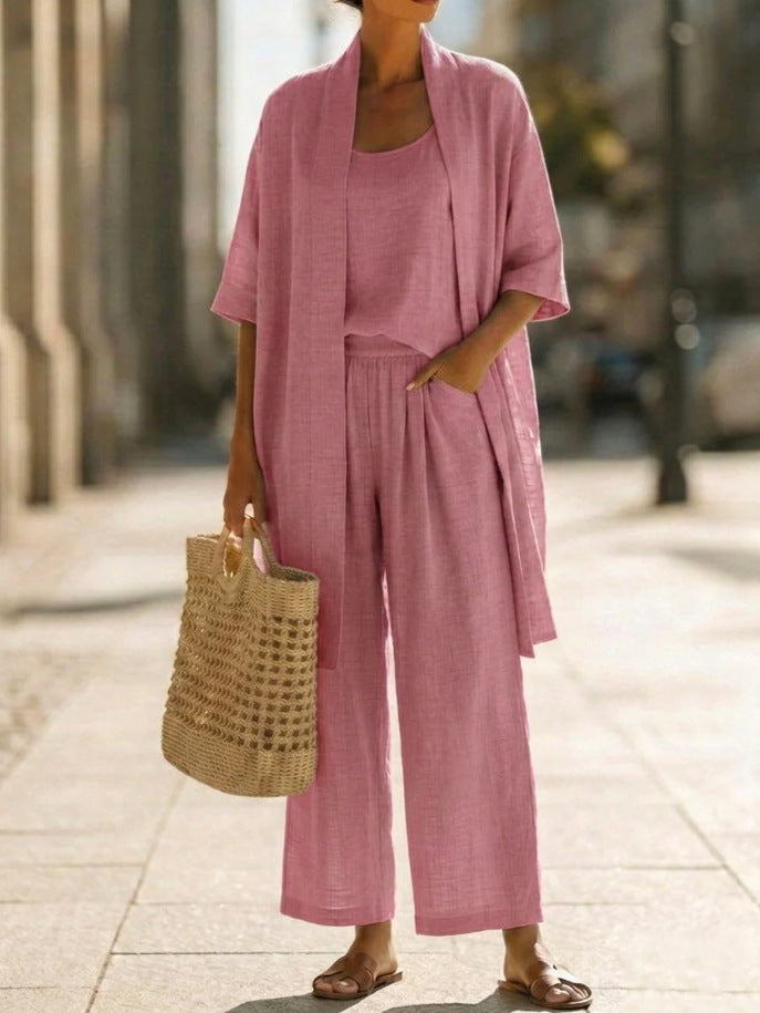 Linen 3-Piece Set with Open Cardigan, Cami Top and Wide Leg Trousers