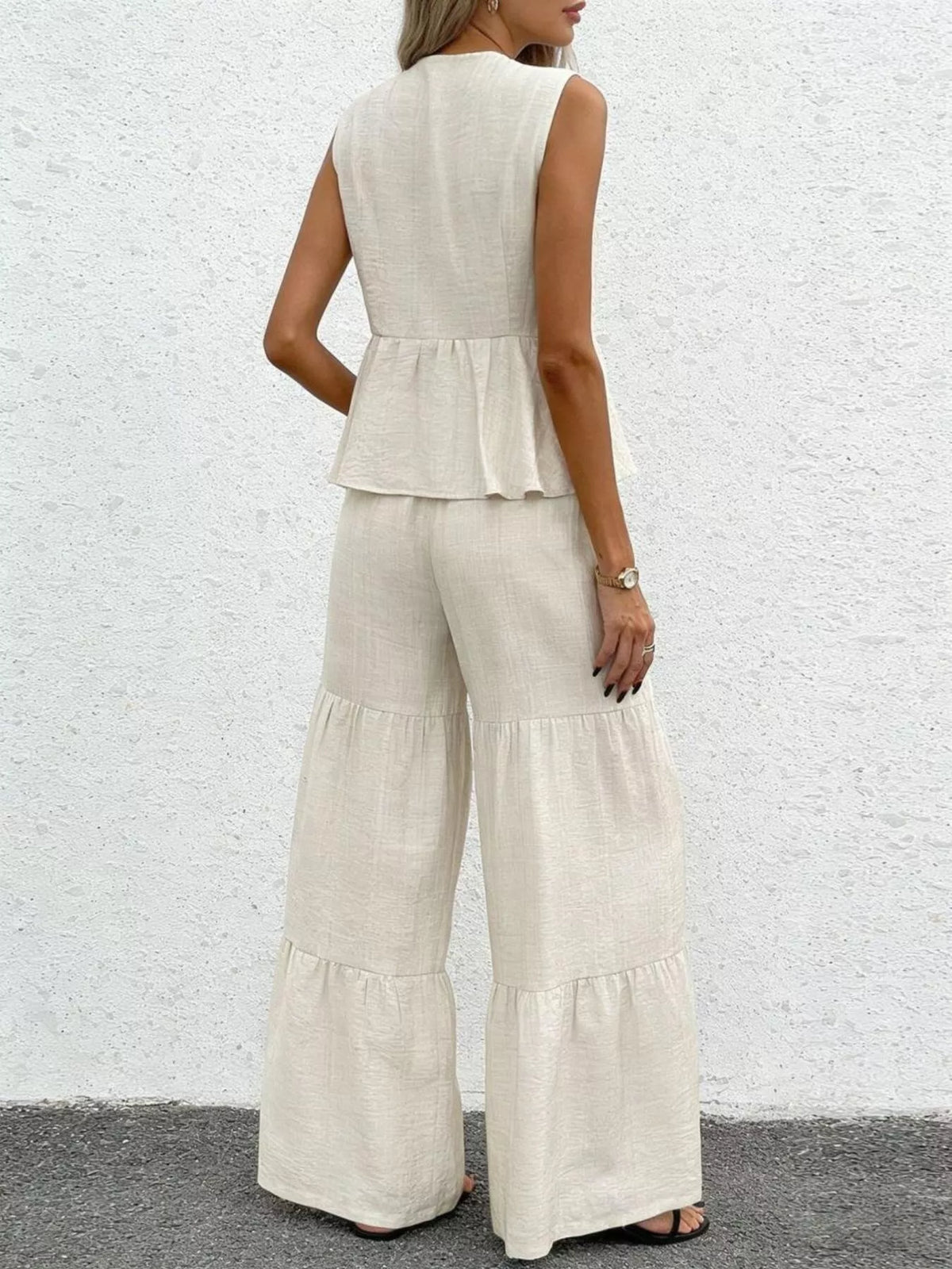 Linen-Style Peplum Top and Wide Leg Trouser Two Piece Set