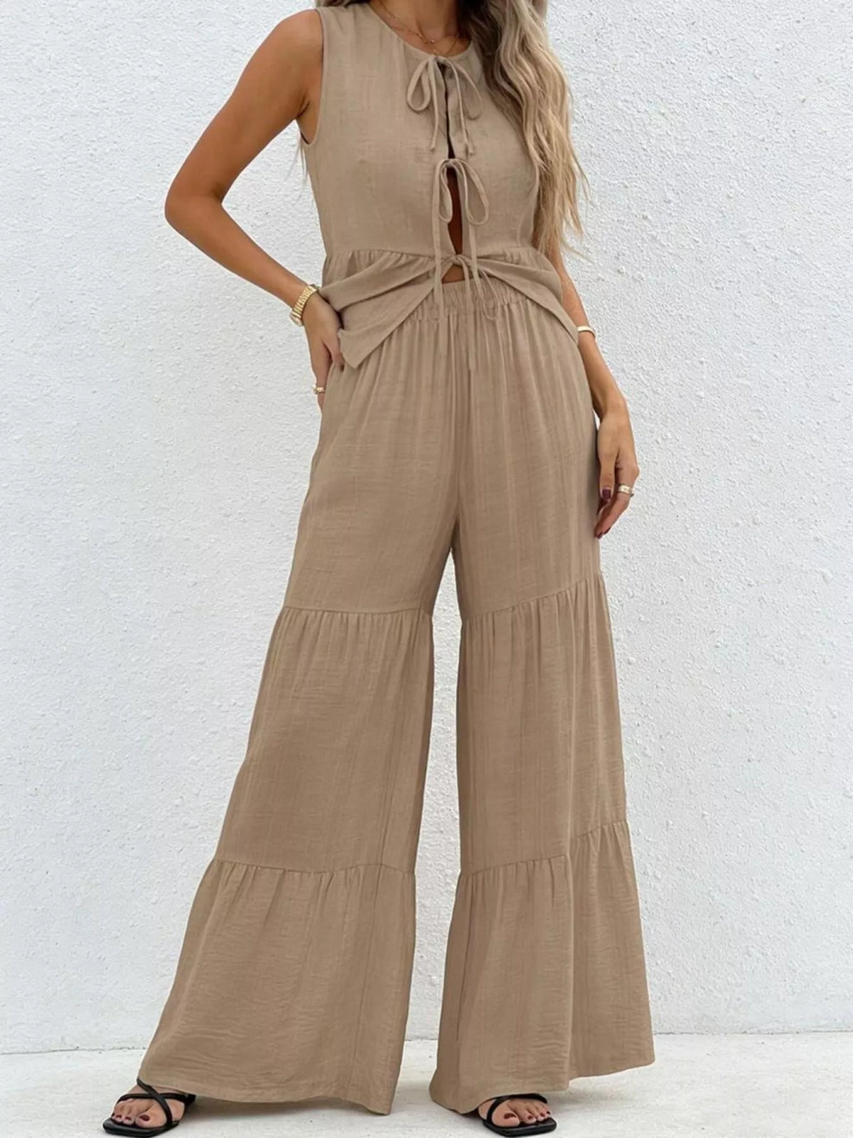 Linen-Style Peplum Top and Wide Leg Trouser Two Piece Set