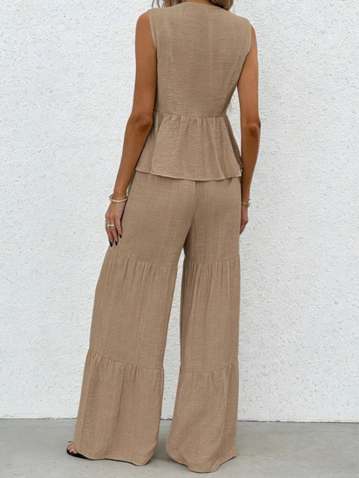 Linen-Style Peplum Top and Wide Leg Trouser Two Piece Set
