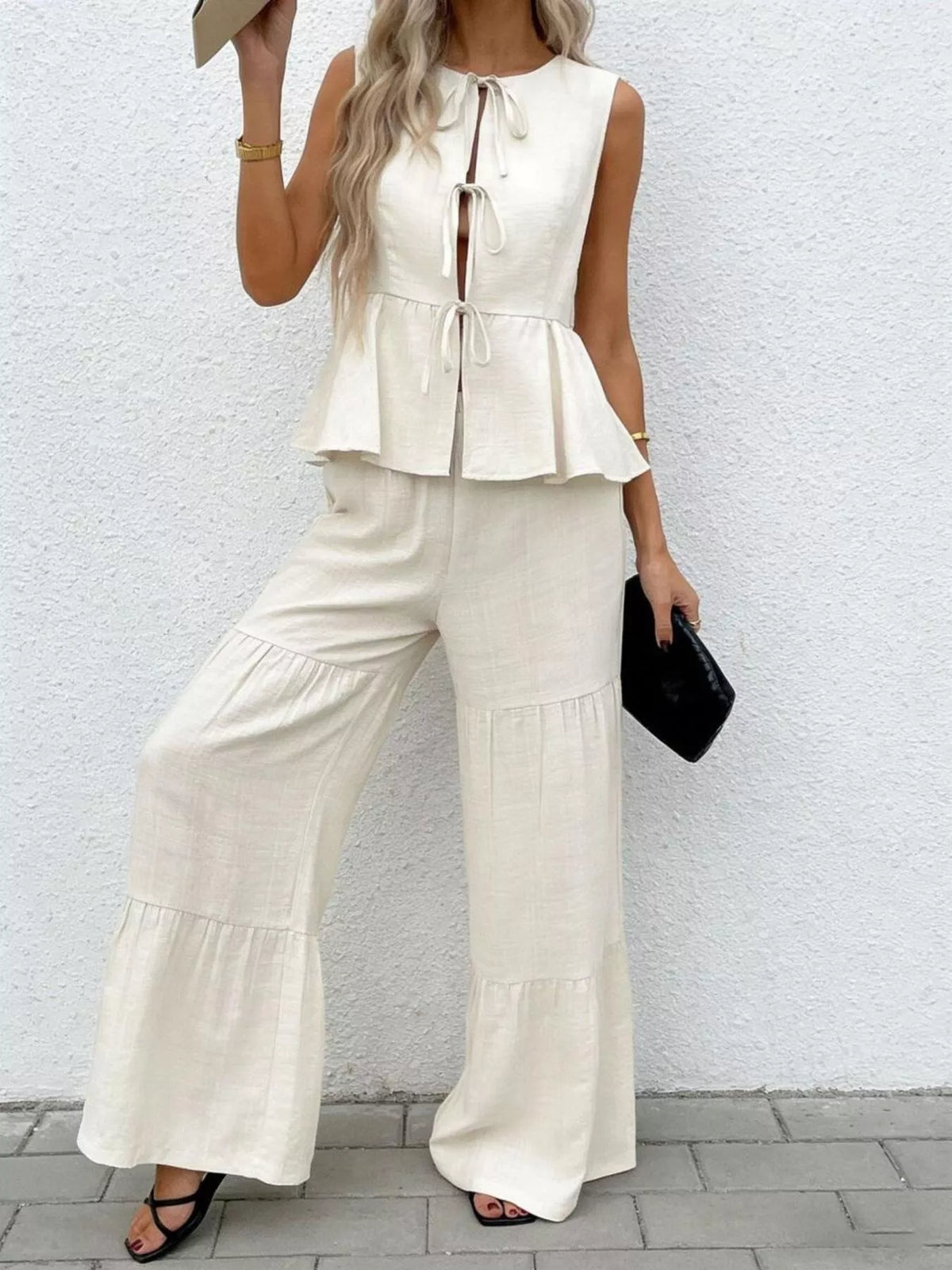 Linen-Style Peplum Top and Wide Leg Trouser Two Piece Set