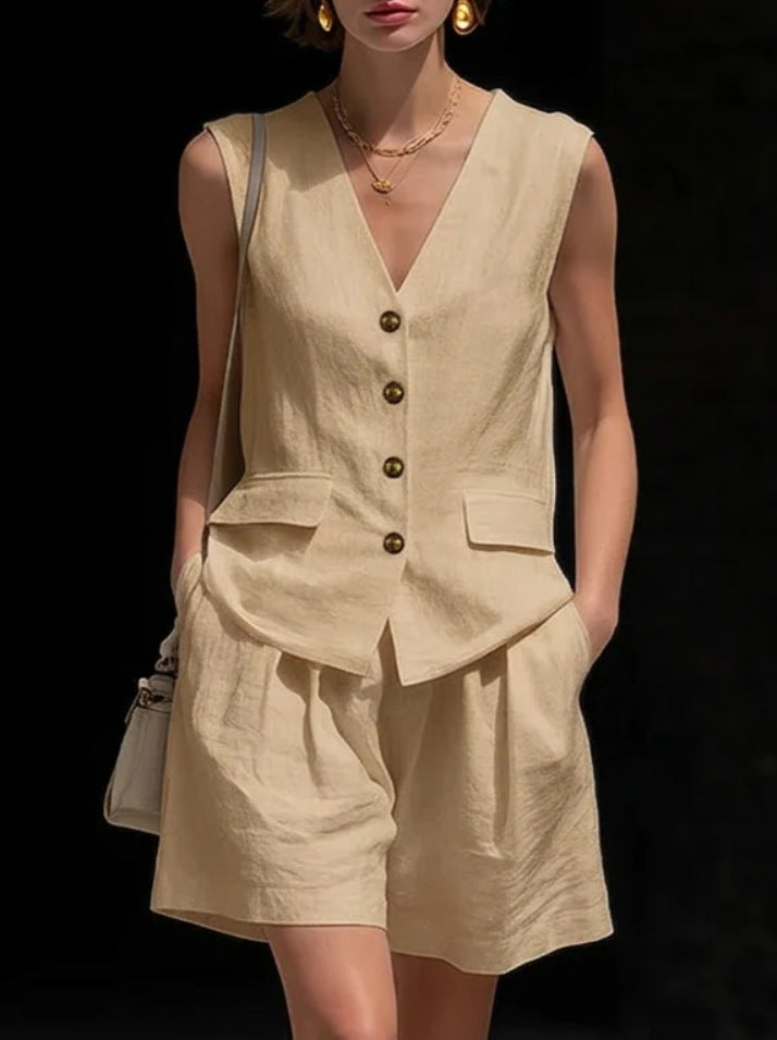 Linen Two Piece Set with Button Front Vest and Wide Leg Shorts
