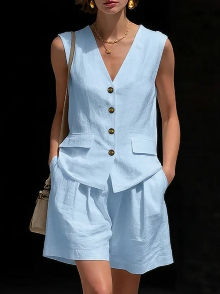 Linen Two Piece Set with Button Front Vest and Wide Leg Shorts