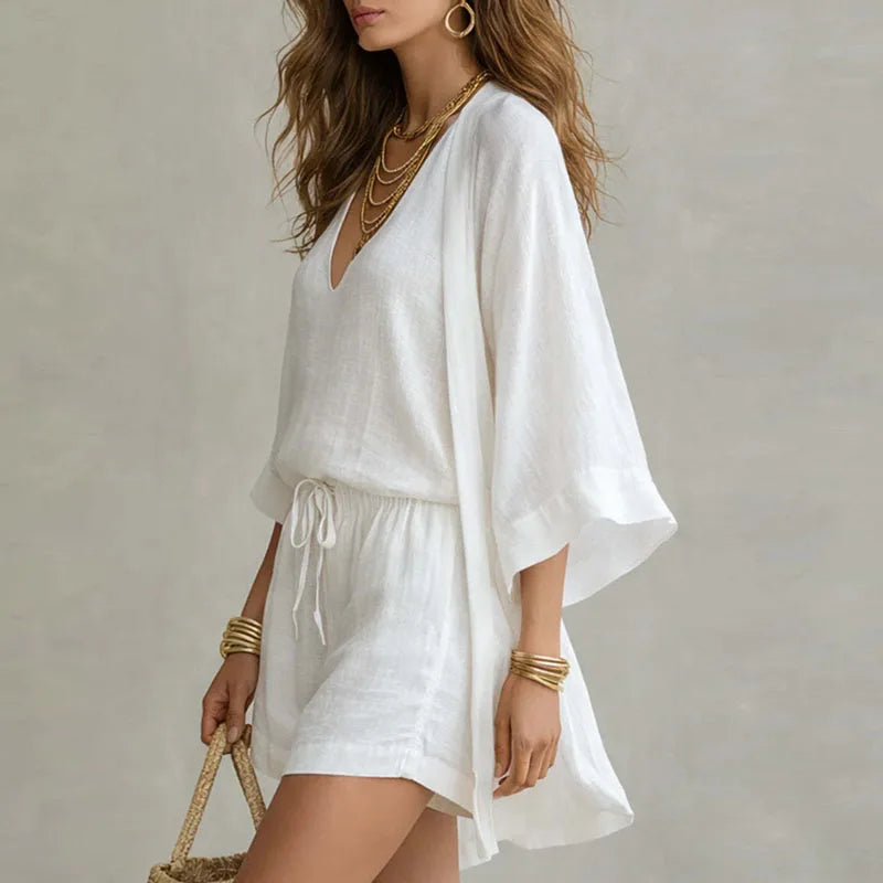 Linen Two Piece Set with Kimono Cardigan and Drawstring Shorts