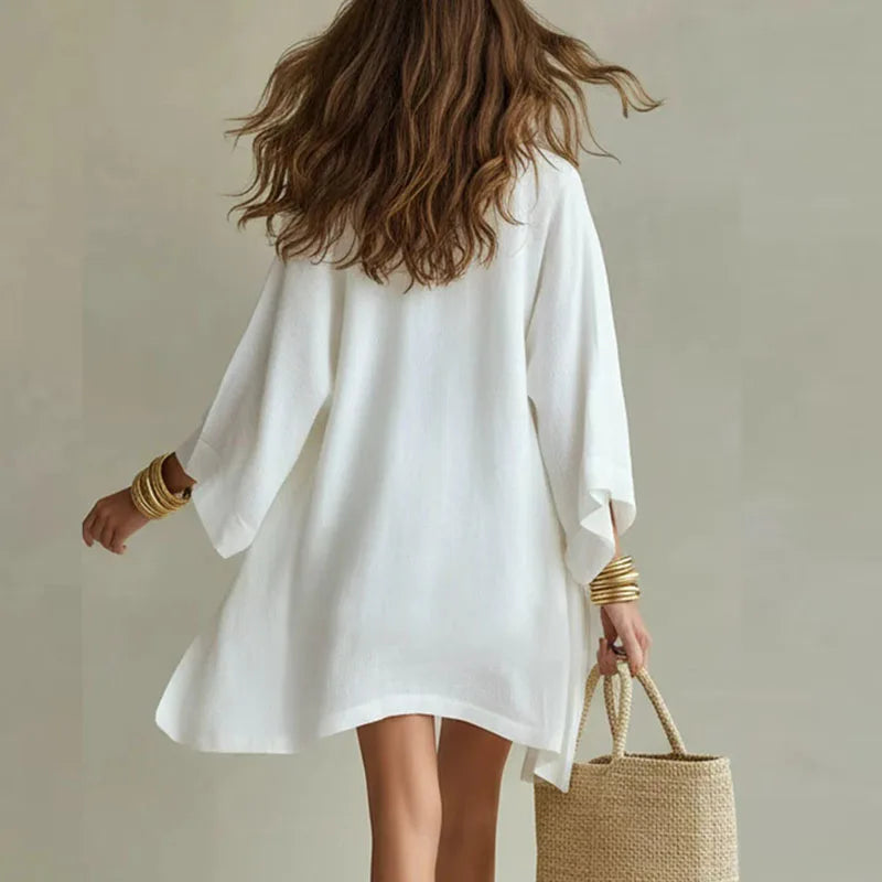 Linen Two Piece Set with Kimono Cardigan and Drawstring Shorts