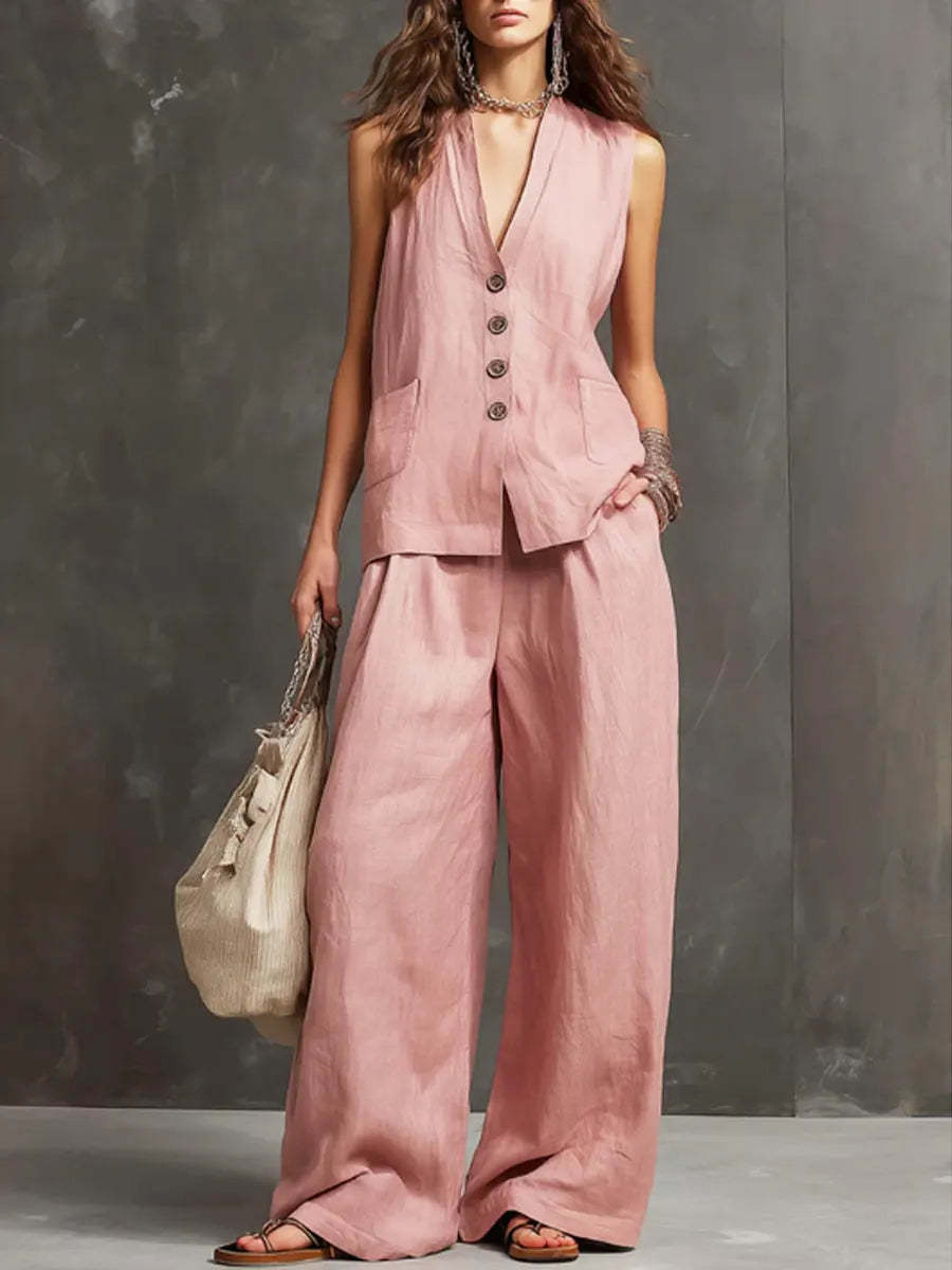 Linen Two Piece Set with Waistcoat Vest and Wide Leg Trousers