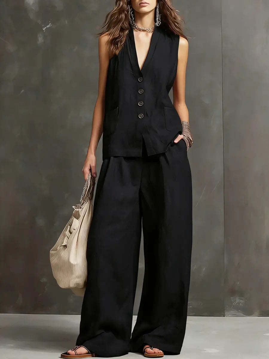 Linen Two Piece Set with Waistcoat Vest and Wide Leg Trousers