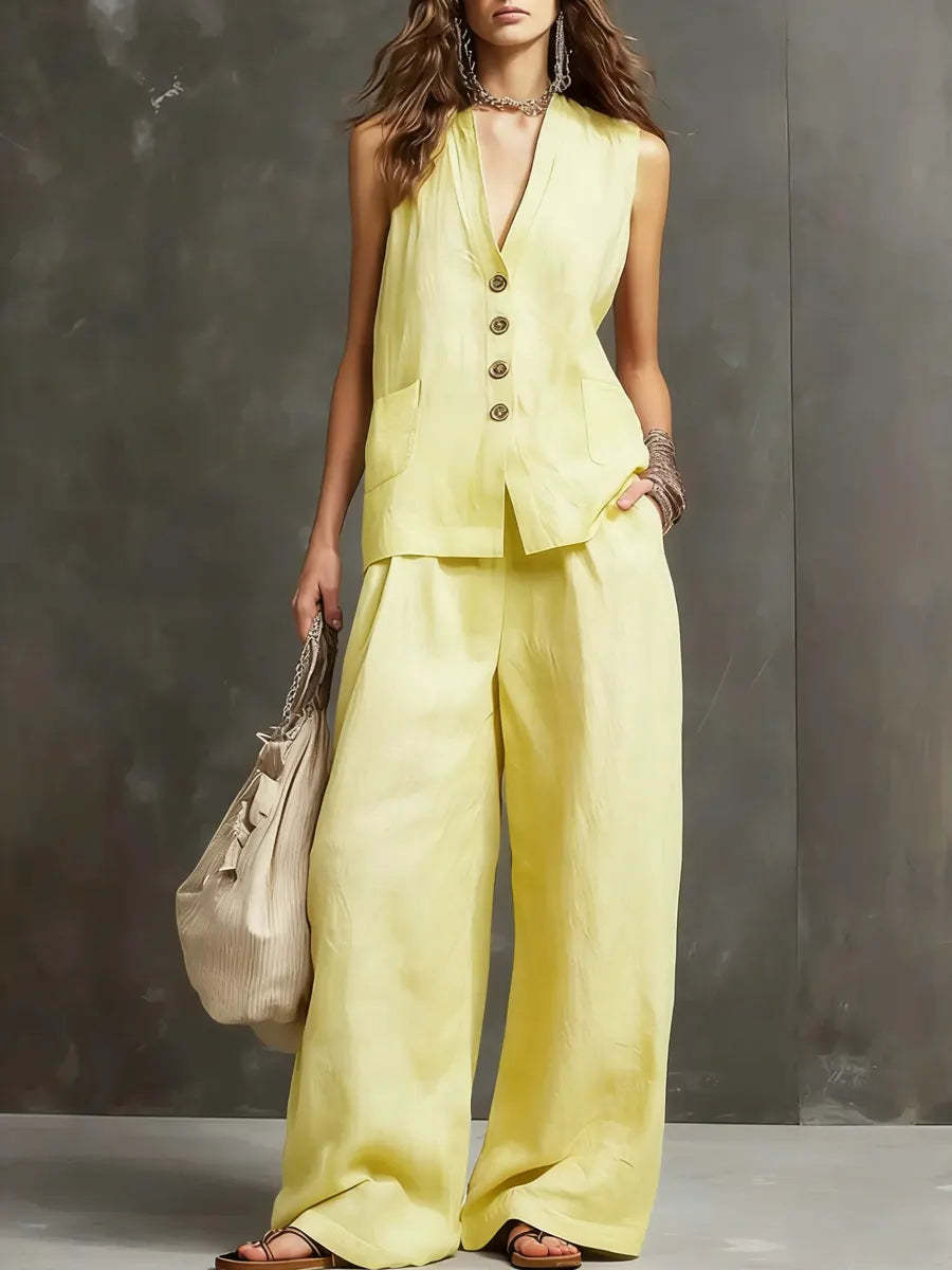 Linen Two Piece Set with Waistcoat Vest and Wide Leg Trousers