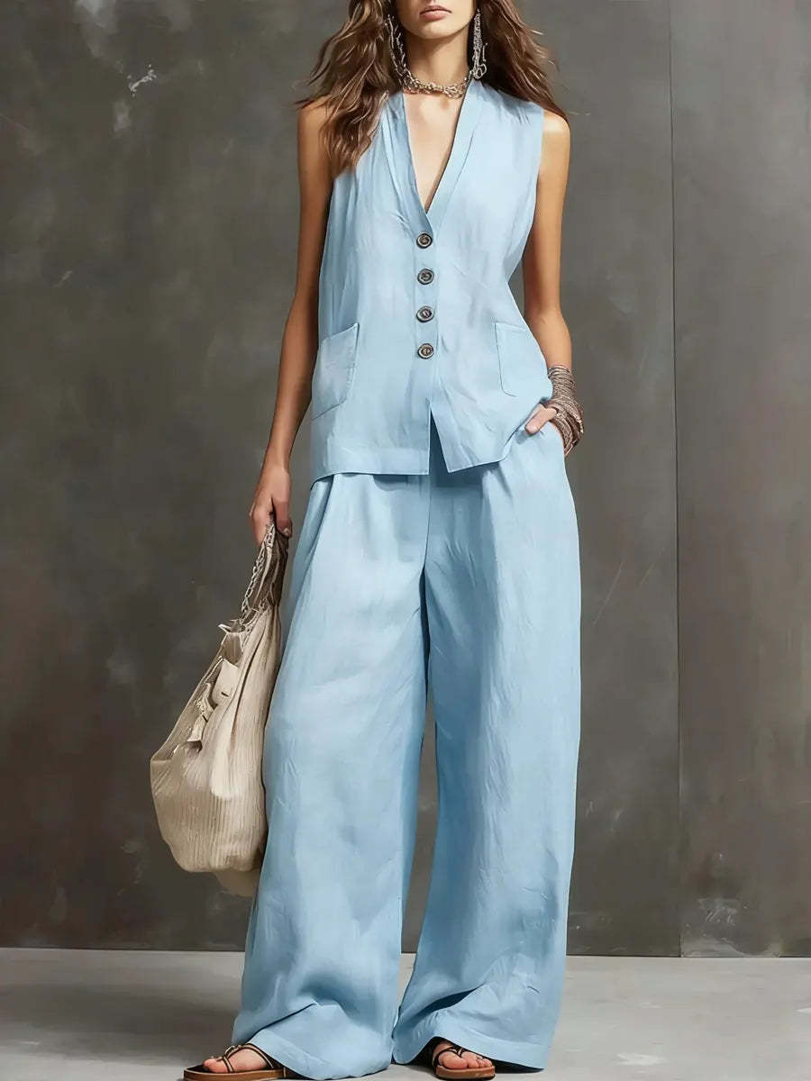 Linen Two Piece Set with Waistcoat Vest and Wide Leg Trousers