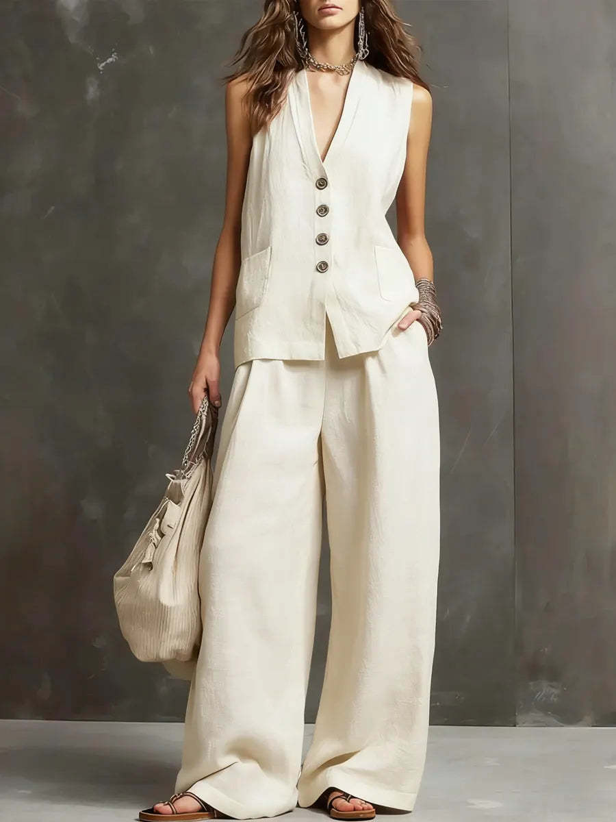 Linen Two Piece Set with Waistcoat Vest and Wide Leg Trousers
