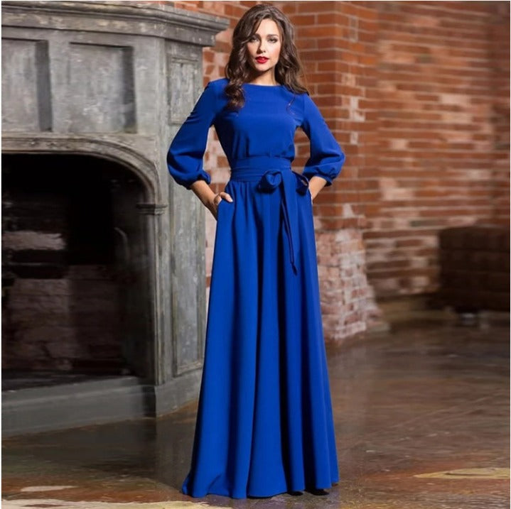 Long Sleeve Maxi Dress with Tie Waist and Round Neckline