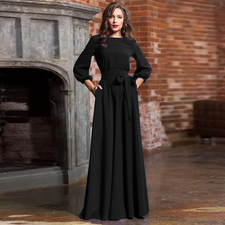 Long Sleeve Maxi Dress with Tie Waist and Round Neckline