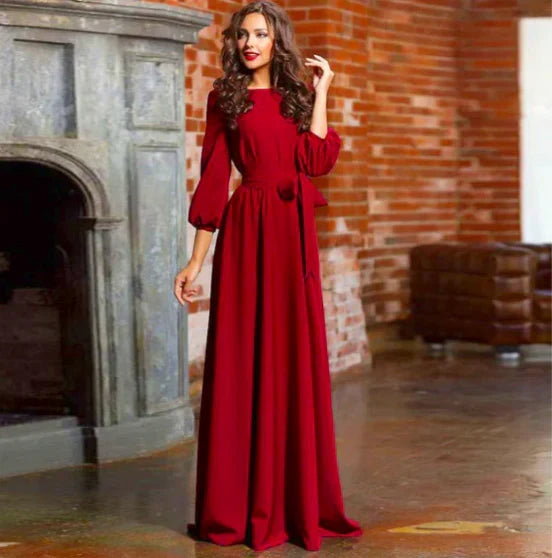 Long Sleeve Maxi Dress with Tie Waist and Round Neckline