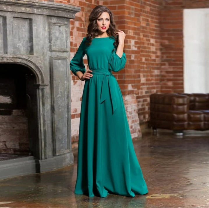 Long Sleeve Maxi Dress with Tie Waist and Round Neckline