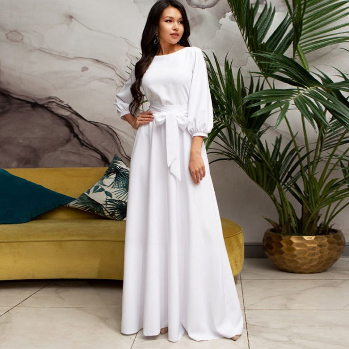 Long Sleeve Maxi Dress with Tie Waist and Round Neckline