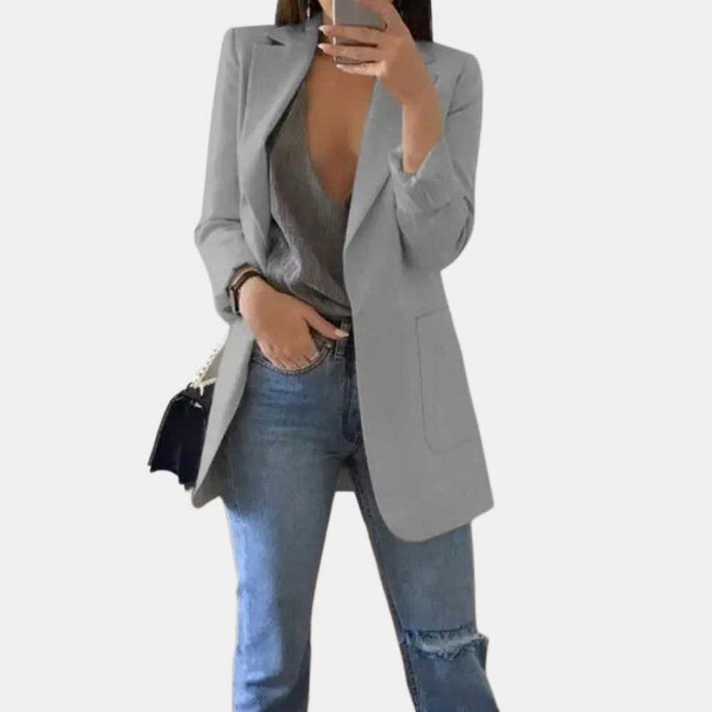 Longline Open Front Blazer with Notch Lapels and Side Pockets