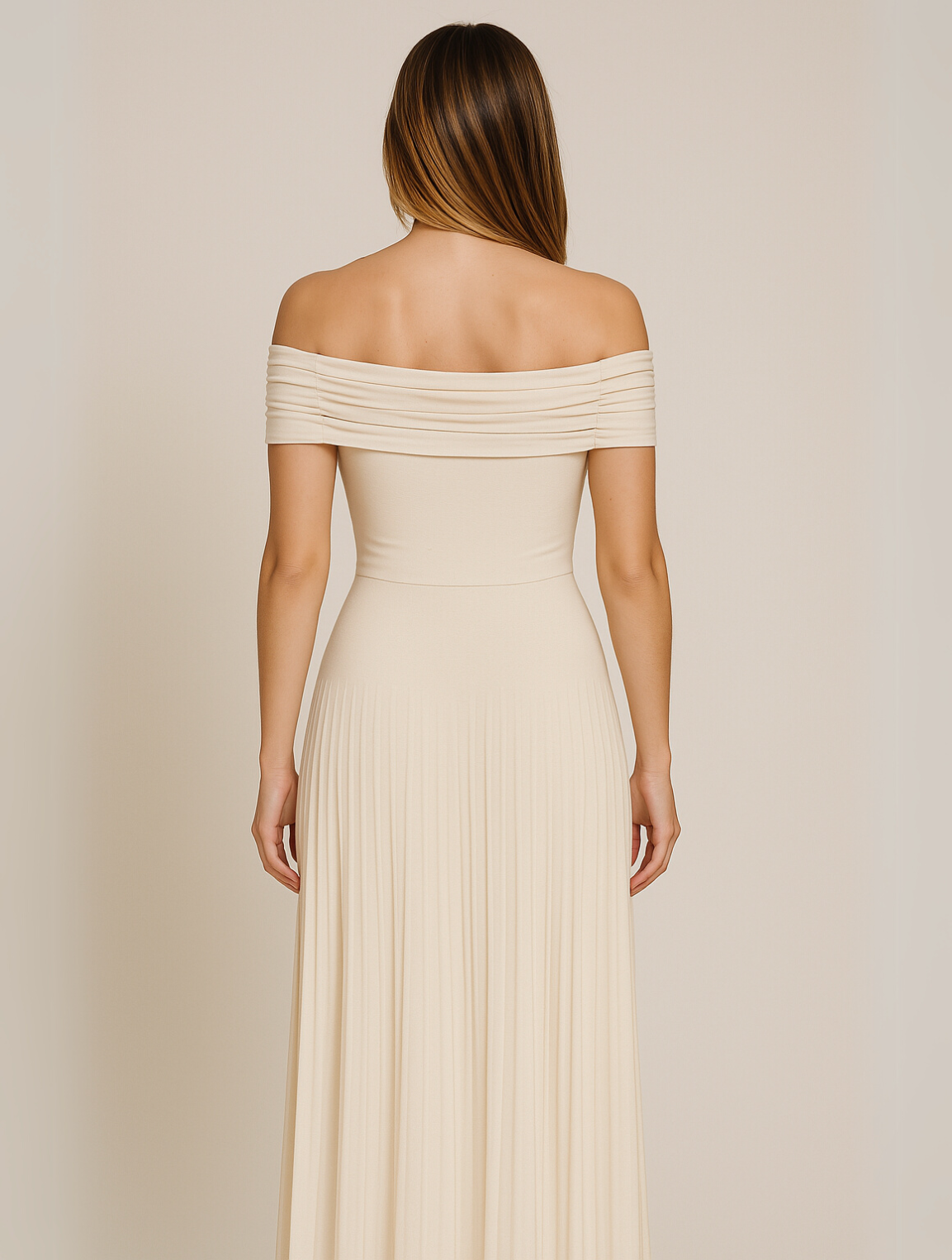 Off Shoulder Pleated Maxi Dress with Bardot Neckline