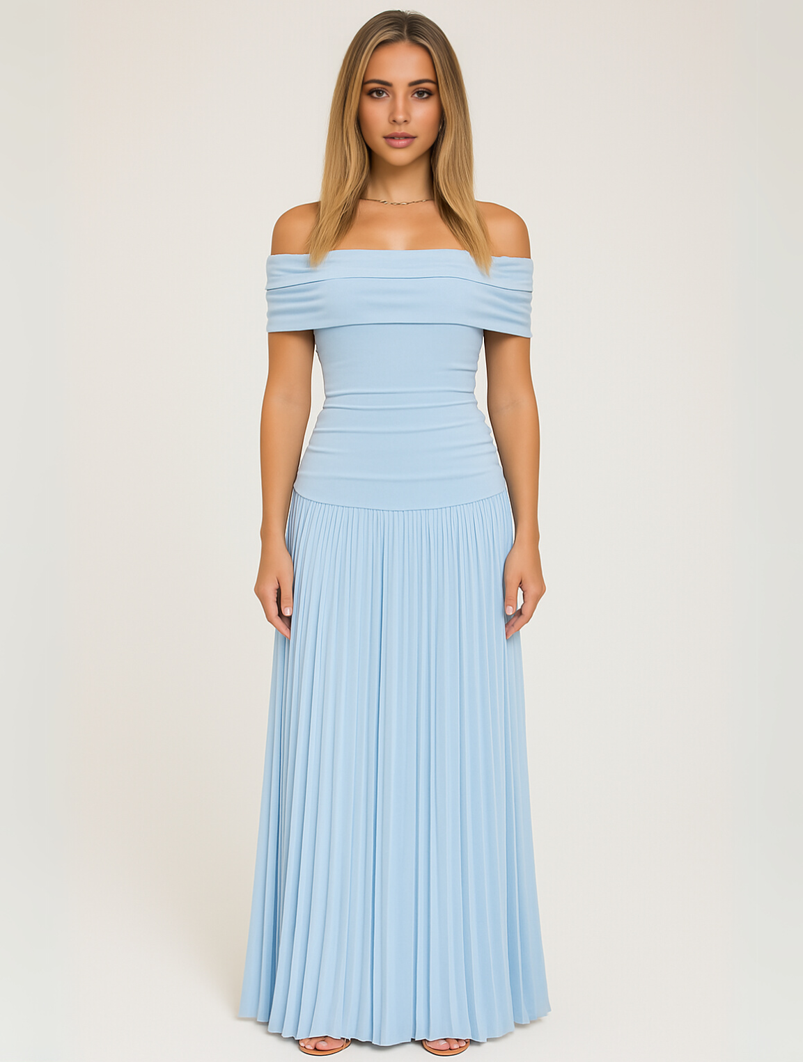 Off Shoulder Pleated Maxi Dress with Bardot Neckline
