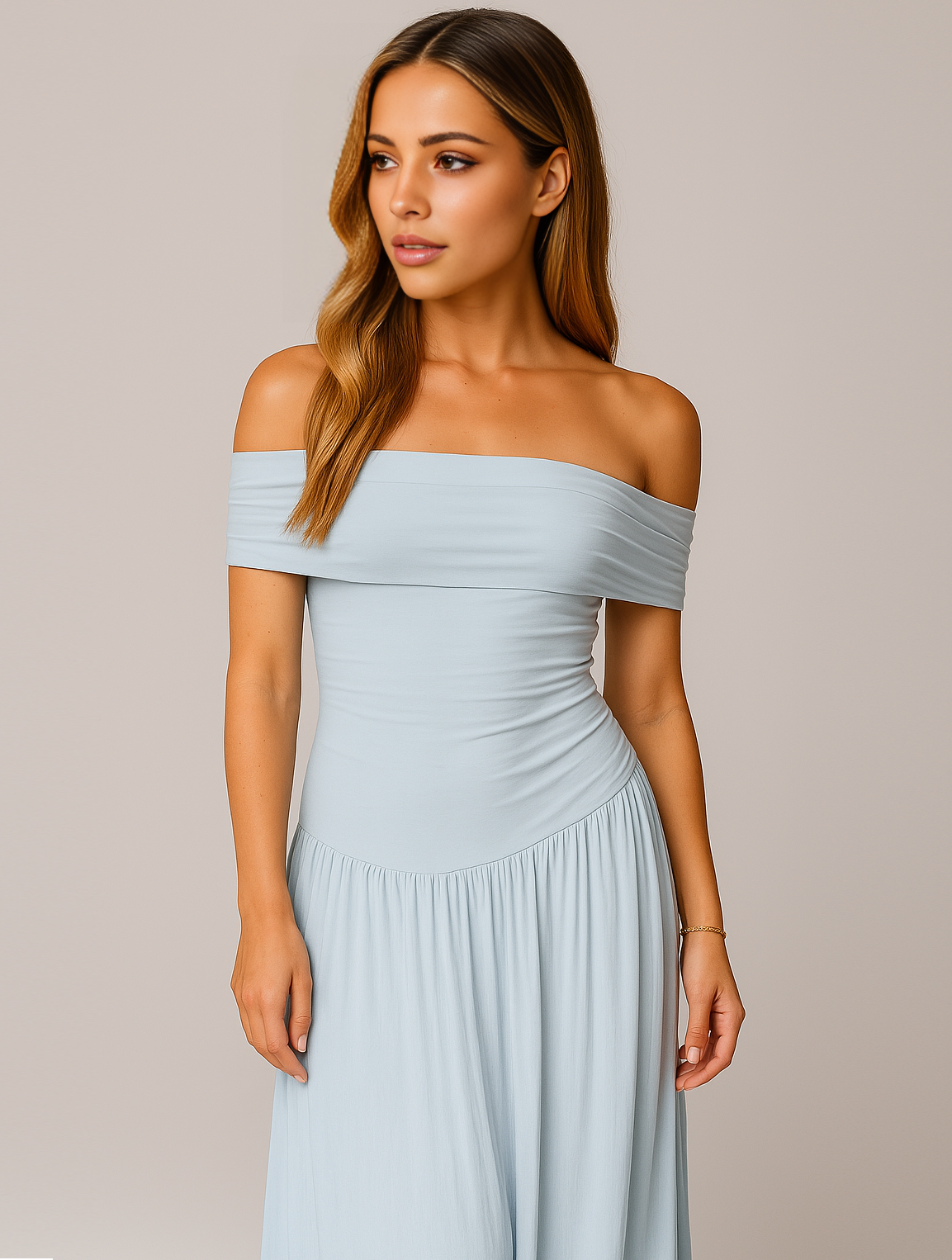 Off Shoulder Pleated Maxi Dress with Bardot Neckline