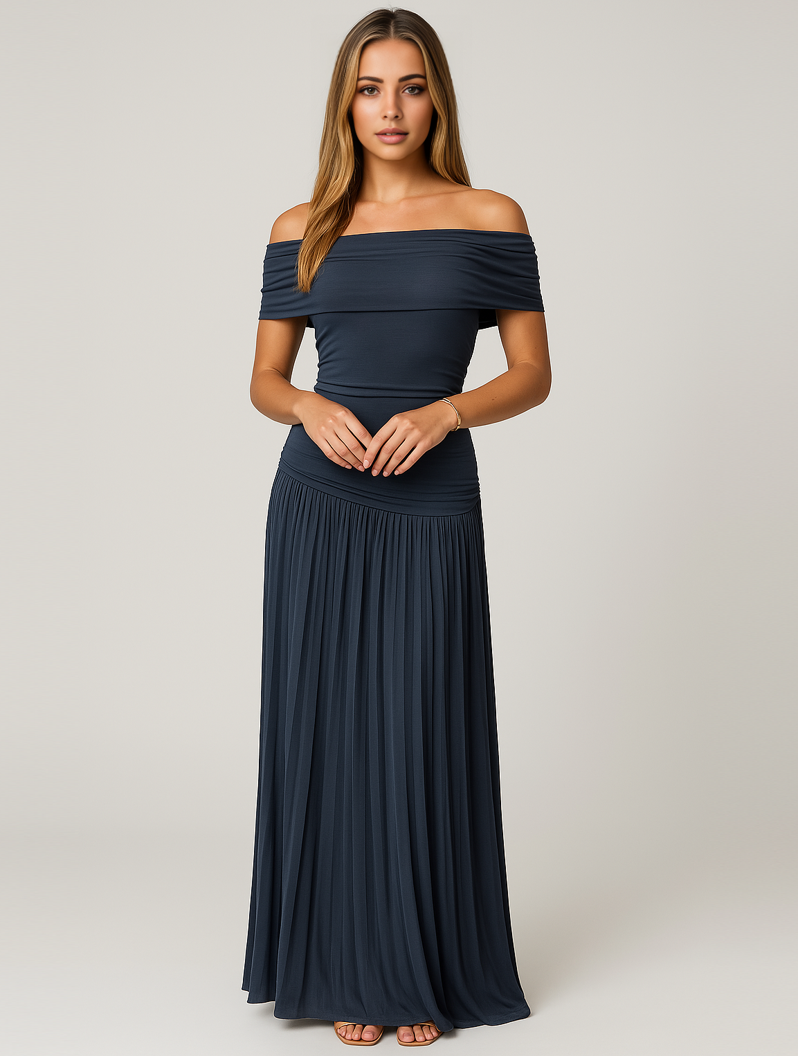 Off Shoulder Pleated Maxi Dress with Bardot Neckline