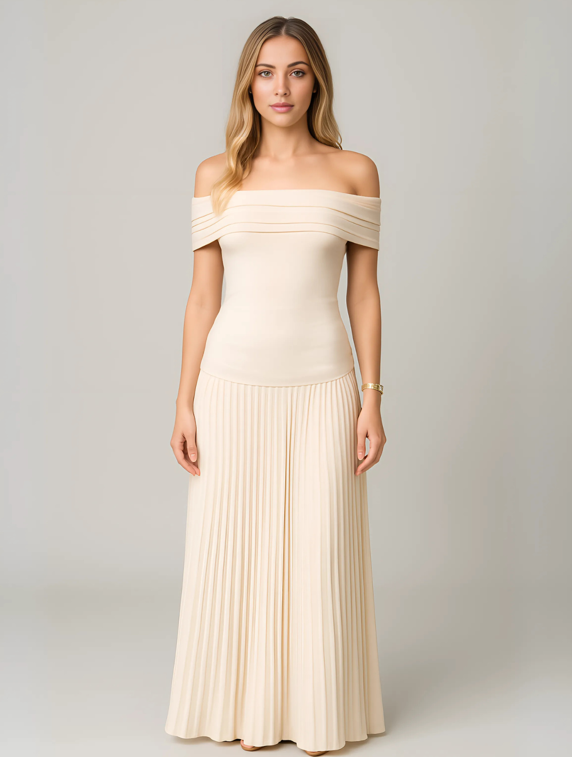 Off Shoulder Pleated Maxi Dress with Bardot Neckline