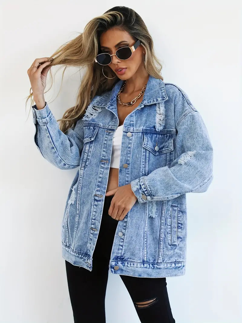 Oversized Denim Jacket with Distressed Detail