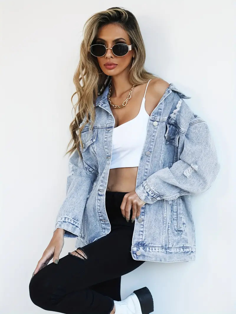 Oversized Denim Jacket with Distressed Detail