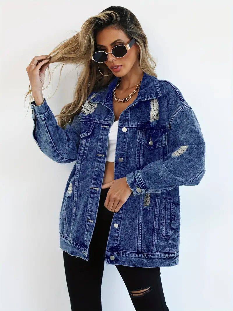 Oversized Denim Jacket with Distressed Detail