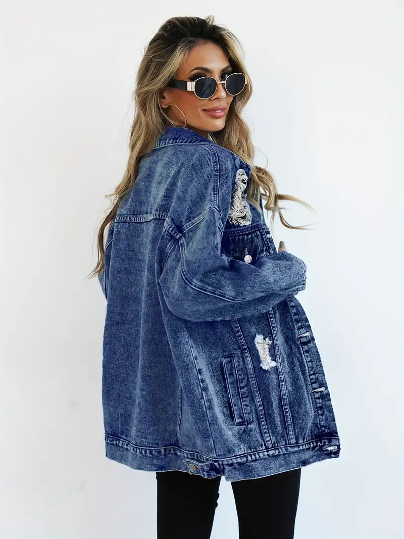 Oversized Denim Jacket with Distressed Detail
