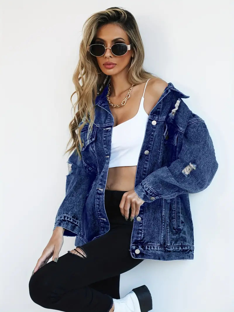 Oversized Denim Jacket with Distressed Detail