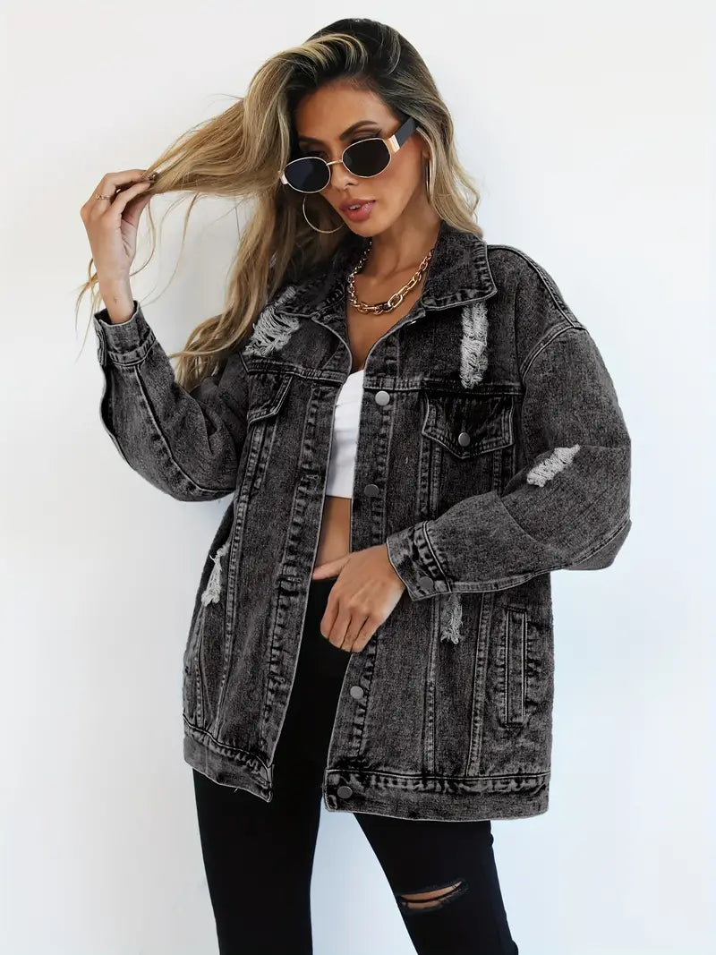 Oversized Denim Jacket with Distressed Detail