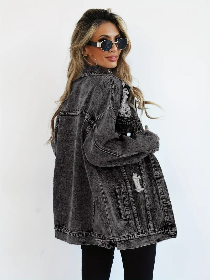 Oversized Denim Jacket with Distressed Detail