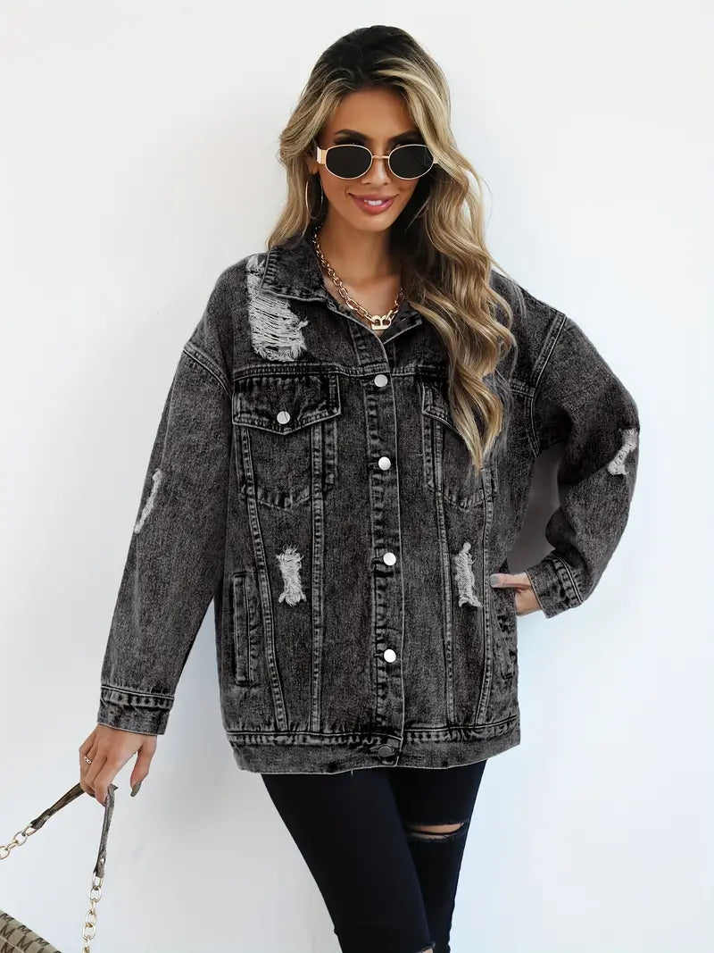 Oversized Denim Jacket with Distressed Detail