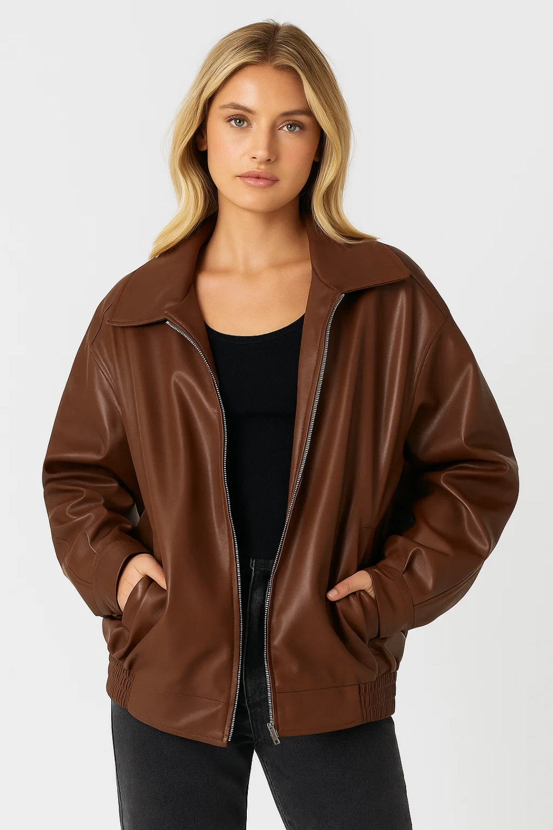 Oversized Leather Bomber Jacket with Zip Closure